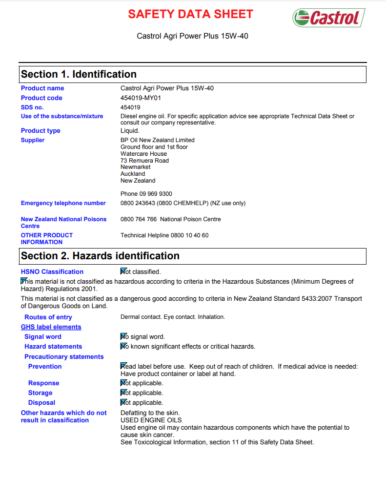 Castrol Vectron Safety Data Sheet