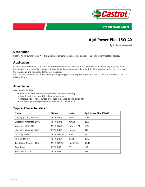 RDP Castrol Agri Power Plus 15W 40 Product Data Sheet