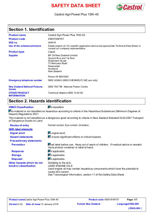 RDP Castrol Agri Power Plus 15W 40 Safety Data Sheet