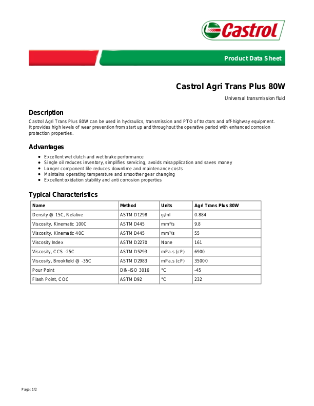 RDP Castrol Agri Trans Plus Product Data Sheet