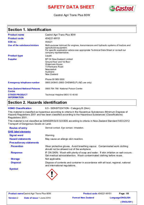 RDP Castrol Agri Trans Plus Safety Data Sheet