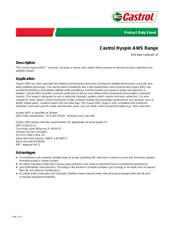 RDP Castrol Hyspin AWS 46 Product Data Sheet