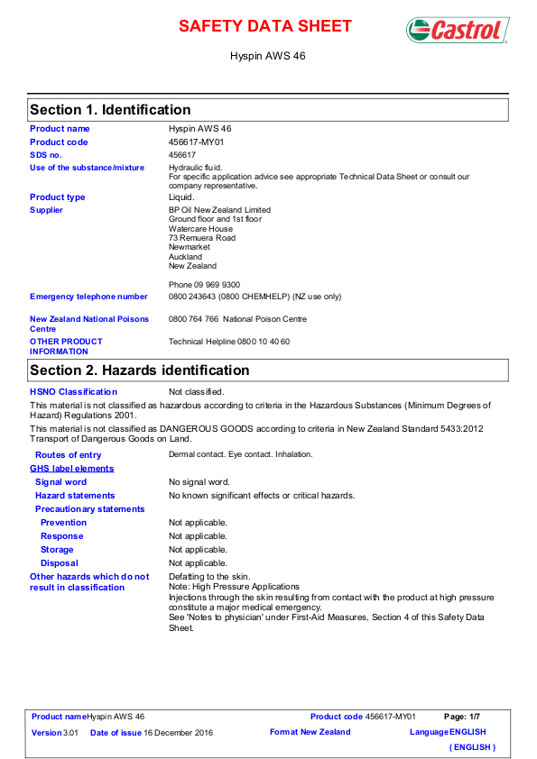 RDP Castrol Hyspin AWS 46 Safety Data Sheet