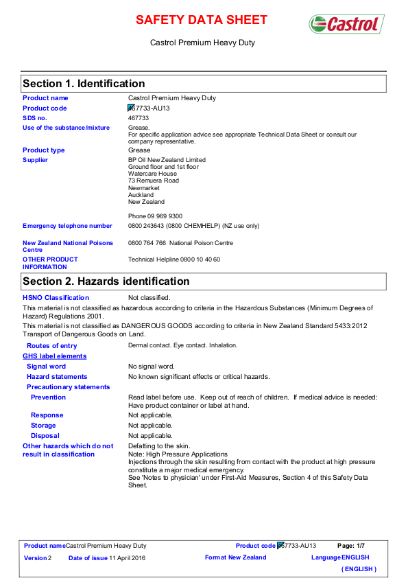 RDP Castrol Premium Heavy Duty Safety Data Sheet+1