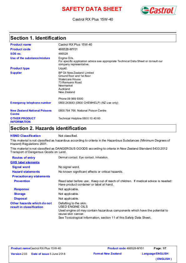 RDP Castrol RX Plus Safety Data Sheet 1