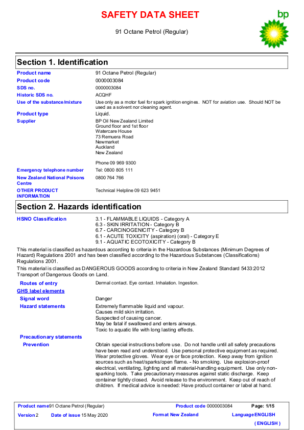 Safety Data Sheet 91 Octane Petrol Regular