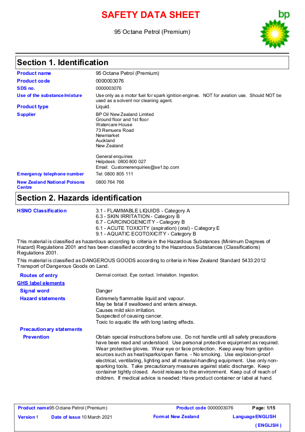 Safety Data Sheet 95 Octane Petrol Premium 