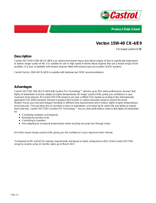 Vecton+15W 40+CK 4+E9+Product+Data+Sheet